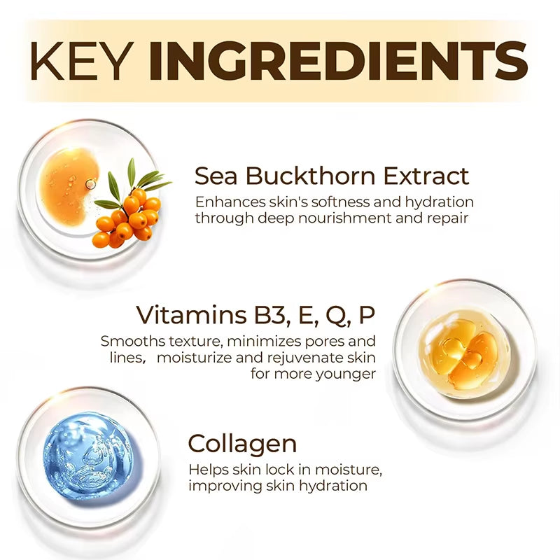 Key ingredients in 88 Beauty Anti-Wrinkle Vita C Capsule Cream: Sea Buckthorn Extract, Vitamins B3, E, Q, P, and Collagen for skin hydration.